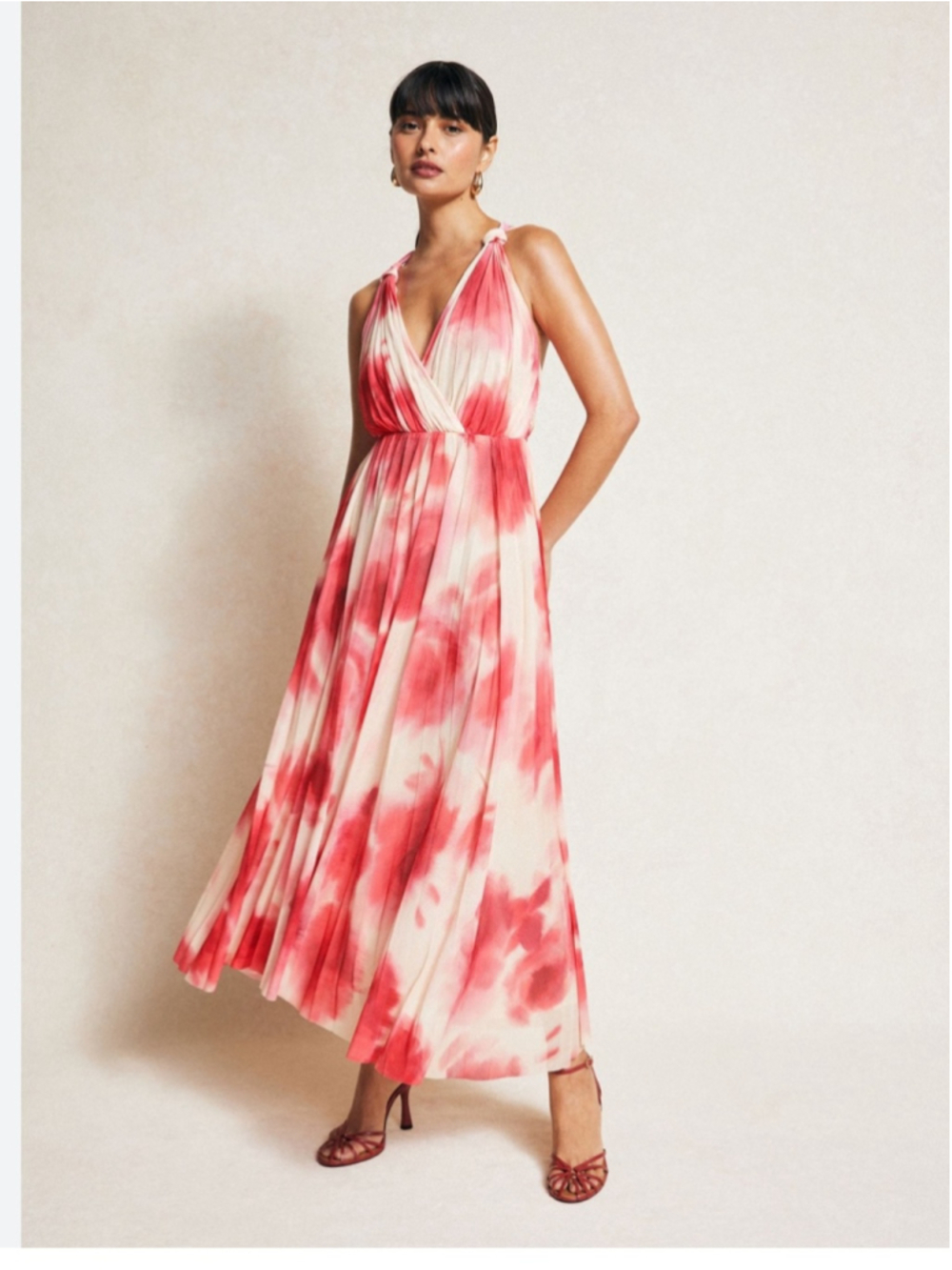 Mango Pink Watercolor Pleated Maxi Dress Large - Picture 2 of 14